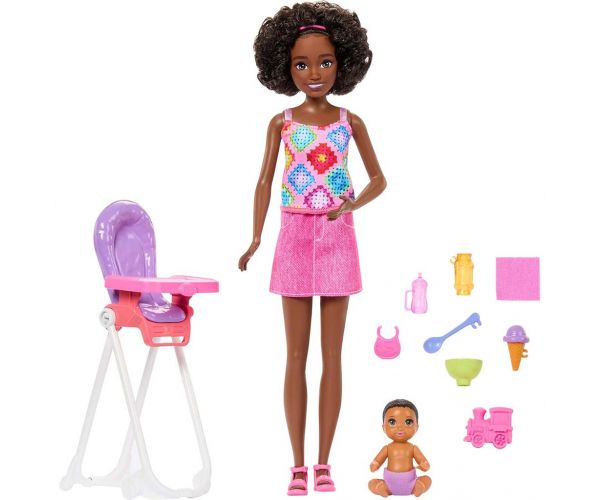 Păpușa Barbie într-o rochie roz set de joacă bone babysitter - Mattel