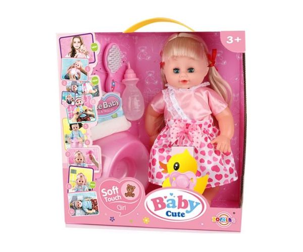 Hajas baba rózsaszín ruhában kiegészítőkkel 35cm-es
