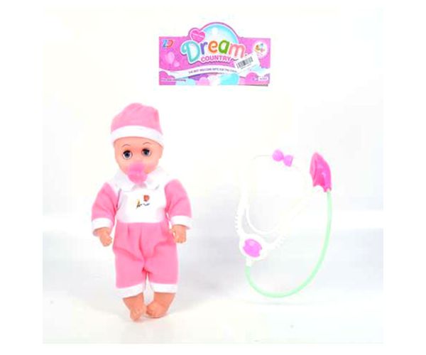 Rózsaszín ruhás baba sztetoszkóppal 31cm