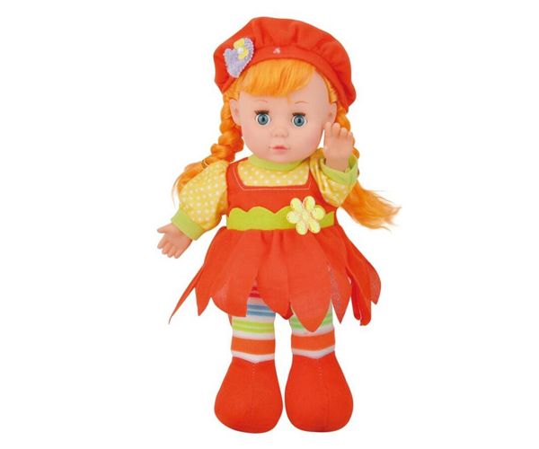 Vörös hajú rongytestű baba piros sapival 30cm-es