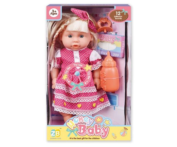 Păpușă în haine cu buline și accesorii, sunete