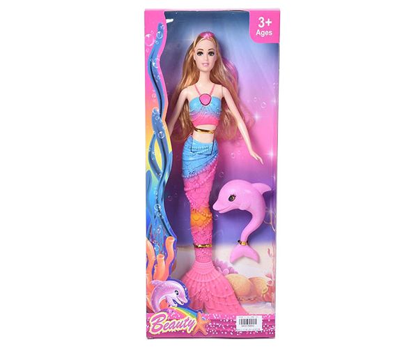 Păpușă sirenă păr blond cu delfin 30cm