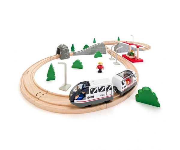 Pistă feroviară din lemn asamblabilă cu tren de persoane și alte accesorii, 45 piese - Woodyland