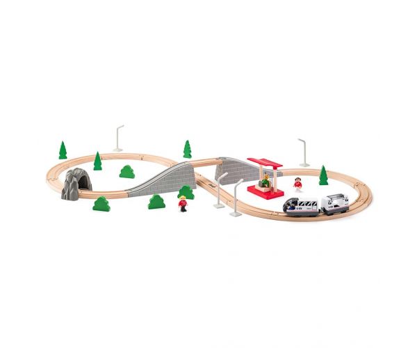 Pistă feroviară din lemn asamblabilă cu tren de persoane și alte accesorii, 45 piese - Woodyland