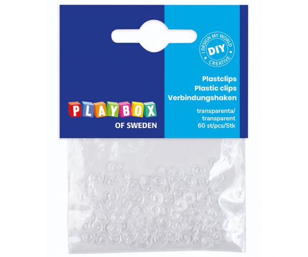 PlayBox: Cleme din plastic transparent pentru bijuterii, set de 60 de bucăți.