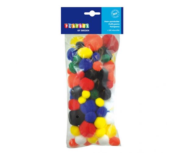 PlayBox: Pompon în culori de bază, 100 bucăți, 15-35mm