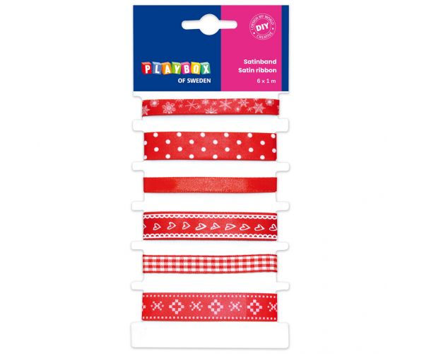 PlayBox: Set de panglici din satin roșu cu diverse modele, set de 6 bucăți, 1m