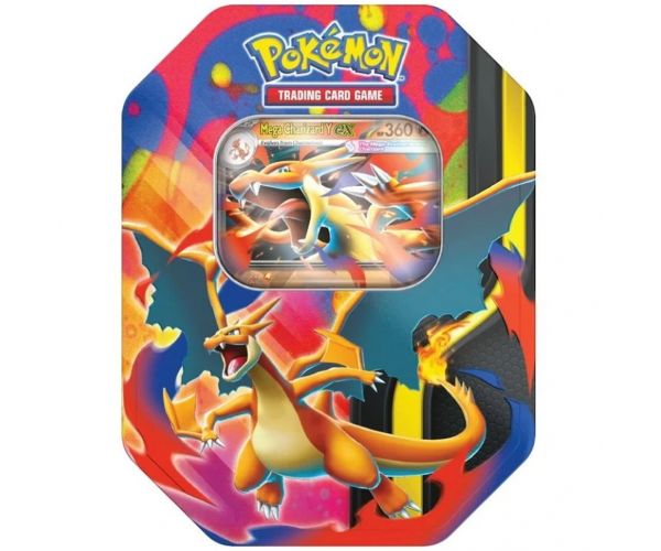 Pokémon TCG: pachet de cărți Mega Charizard în cutie metalică, în două variante, 1 buc.
