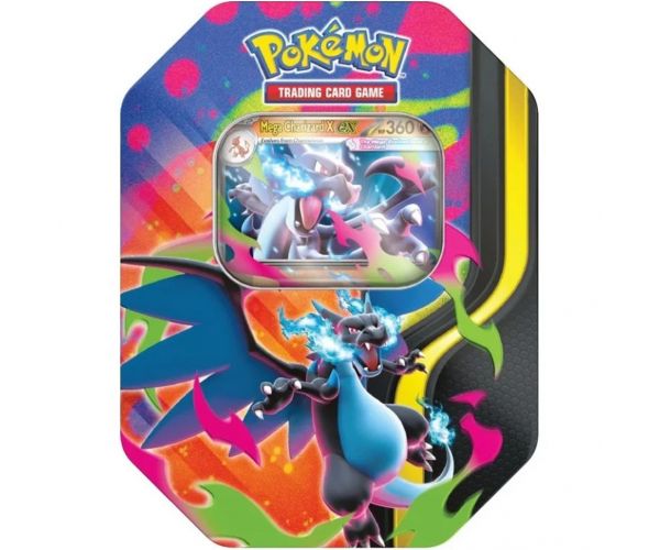 Pokémon TCG: pachet de cărți Mega Charizard în cutie metalică, în două variante, 1 buc.