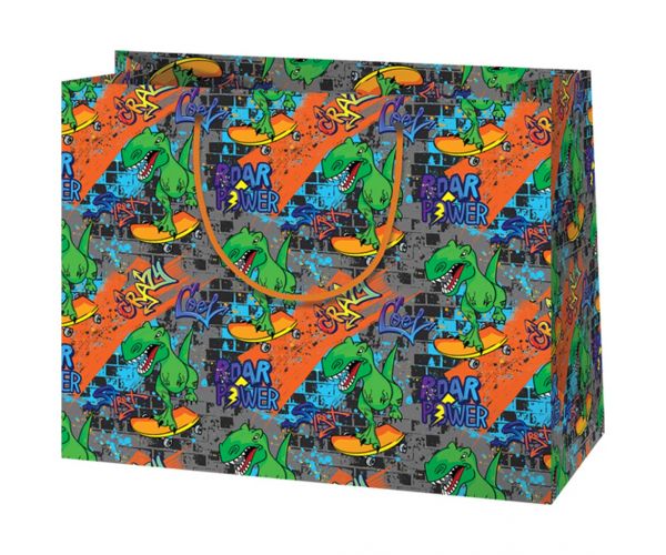 Pungă cadou de dimensiune medie cu T-Rex pe skateboard 18x10x23cm