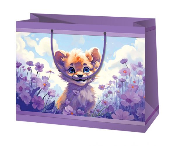 Pungă cadou exclusivă de dimensiune medie, de culoare mov, cu pui de leu și flori, 18x10x23cm