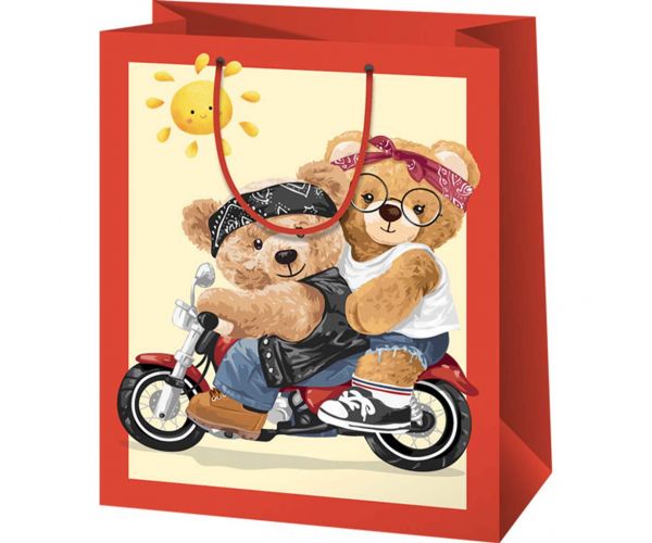 Pungă de cadou cu model de ursuleți pe motociclete, de dimensiune standard, 11x6x14cm