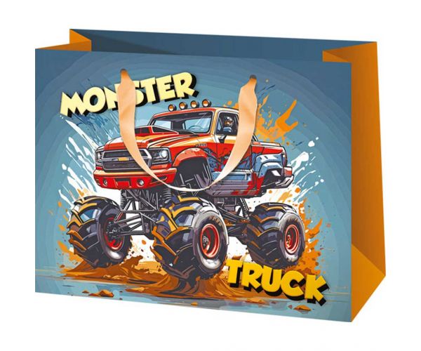Pungă de cadou exclusivă, de mărime medie, cu imprimeu Monster Truck, 18x23x10 cm