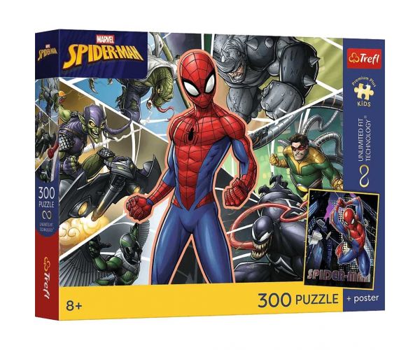 Puzzle UFT Marvel Omul-Păianjen de 300 piese cu poster - Trefl