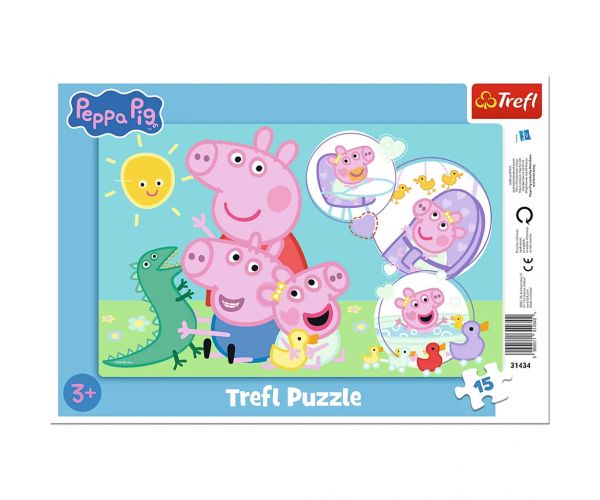 Puzzle cu ramă Peppa Pig – Distracție în familie, 15 piese – Trefl