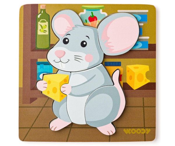 Puzzle pentru bebeluși cu 5 piese din lemn cu tematică de șoarece - Woodyland