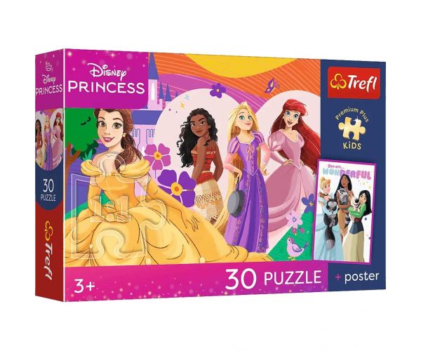 Puzzle pentru copii Prințesele Disney, 30 piese, Premium Plus, cu poster - Trefl