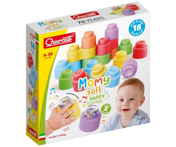 Quercetti: Set de construcție cu 18 cuburi moi și zornăitoare Momy Soft