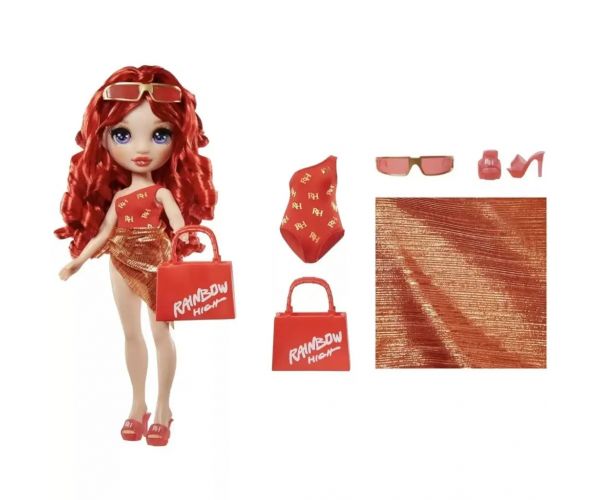 Rainbow High: Păpușă de modă Ruby pentru plajă, cu costum de baie și accesorii de modă