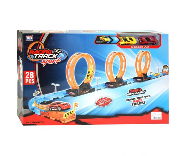 Racing Track: 28db-os versenypálya szett 3db hurokkal és 2db hátrahúzható autóval 1/64