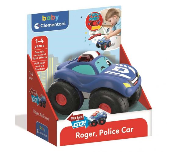 Roger, mașinuță de poliție baby cu mecanism de tragere înapoi, cu sunete și lumini - Clementoni