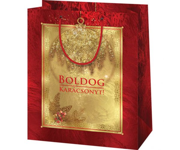 Sac de cadou exclusiv, de dimensiuni mari, de culoare aurie-roșie, cu inscripția Boldog Karácsonyt, 27x14x33cm.