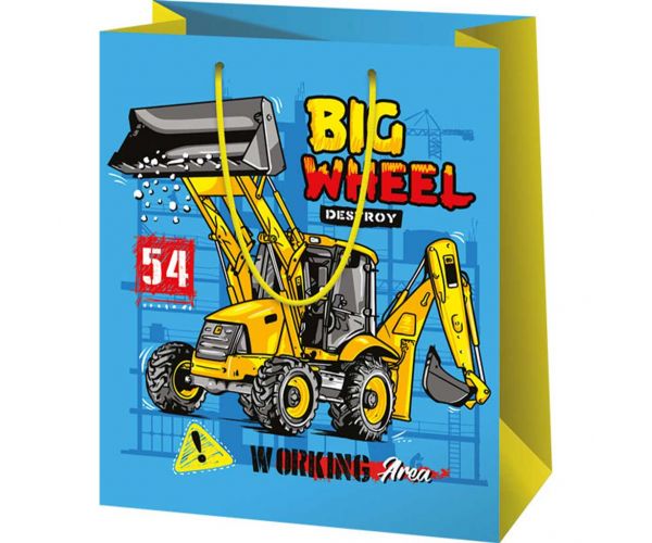 Sacoșă mare pentru cadouri, cu imprimeu de utilaje Big Wheel, 26x13x33 cm