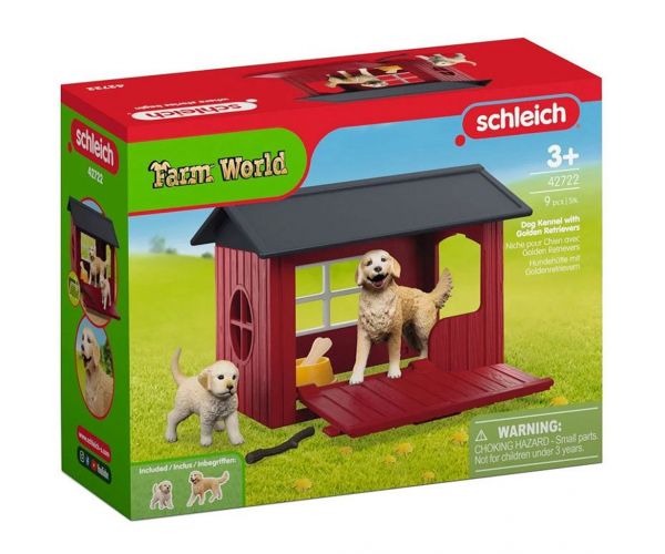 Schleich Farm World – Set de joacă cu căsuță pentru câini și cățeluși Golden Retriever (42722)