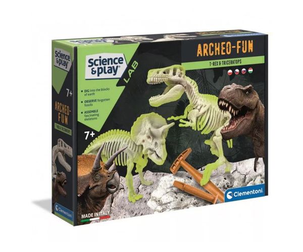 Science&Play: Archeofun T-rex și Triceratops luminează set de arheolog - Clementoni