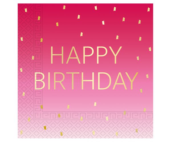 Șervețel de hârtie cu două straturi, de culoare roz, inscripționat cu Happy Birthday, pachet de 20 bucăți.