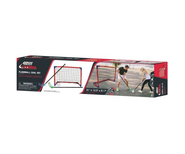 Set CROSS Floorball de joc cu minge, cu 2 bețe și 2 porți - Woodyland