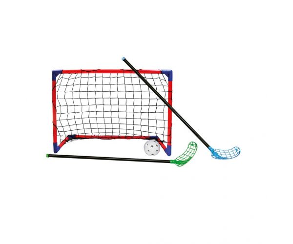 Set CROSS Floorball de joc cu minge, cu 2 bețe și 2 porți - Woodyland
