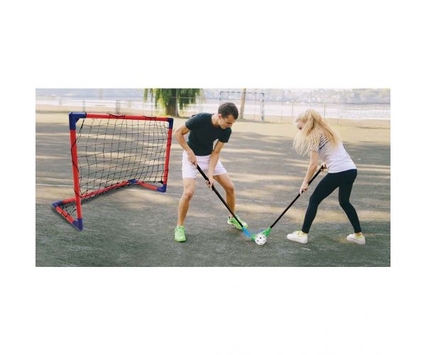 Set CROSS Floorball de joc cu minge, cu 2 bețe și 2 porți - Woodyland