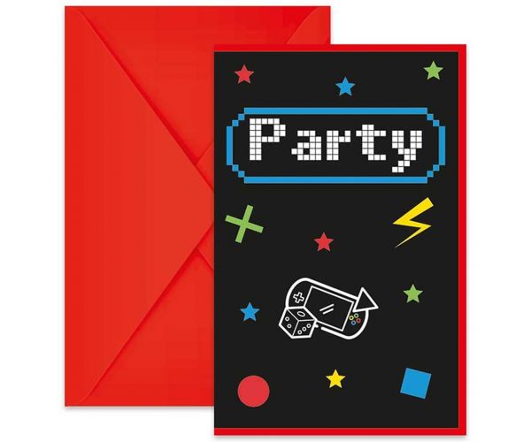 Set de 6 invitații de petrecere cu tematică de gamer, cu plicuri incluse.