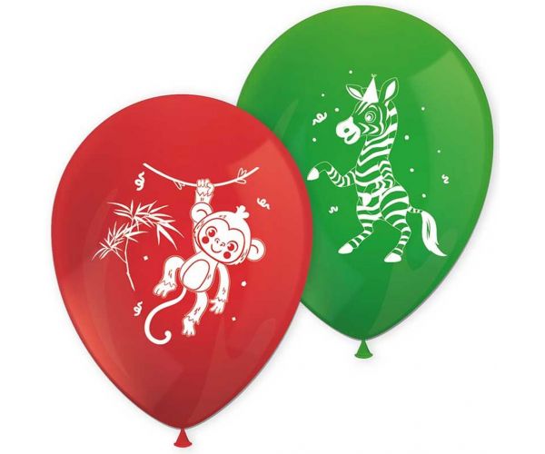 Set de 8 baloane roșu-verde cu animale vesele