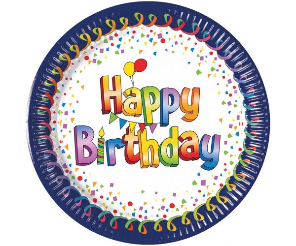 Set de 8 farfurii de hârtie alb-albastre cu inscripția „Happy Birthday”