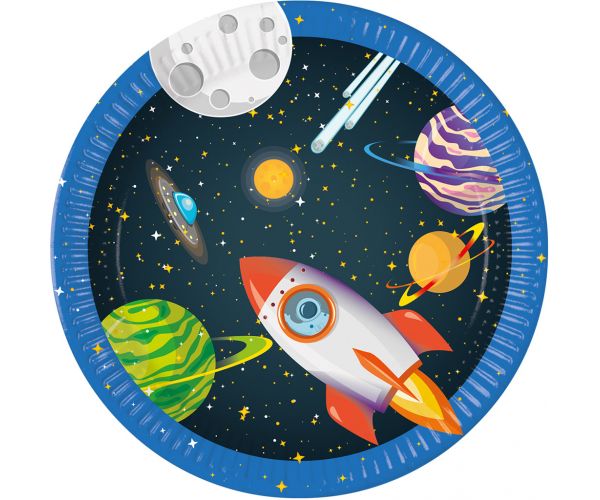 Set de 8 farfurii de hârtie cu model de planete și rachete pentru aventuri spațiale.