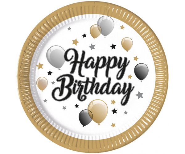 Set de 8 farfurii de hârtie elegante cu inscripția „Happy Birthday”