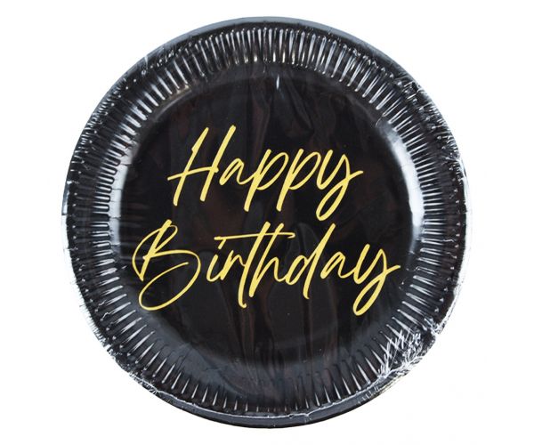Set de 8 farfurii de hârtie elegante, de culoare negru-auriu, cu inscripția Happy Birthday, 23 cm
