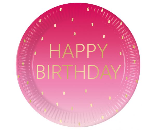 Set de 8 farfurii de hârtie roz cu inscripția Happy Birthday, 23 cm