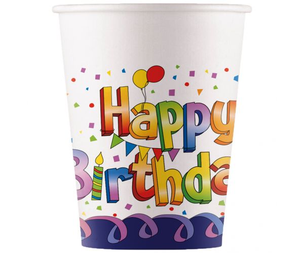 Set de 8 pahare de hârtie cu inscripția Happy Birthday curcubeu, 200ml