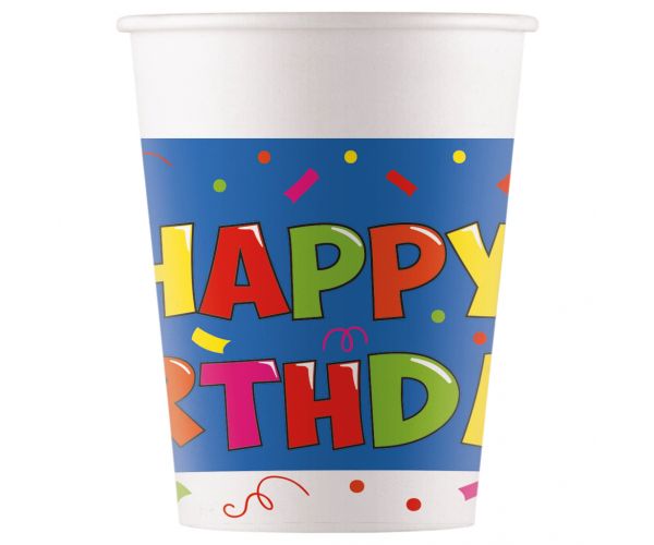 Set de 8 pahare de hârtie cu inscripția Happy Birthday pe fundal alb-albastru, 200ml