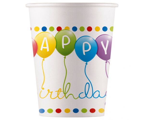 Set de 8 pahare de hârtie de 200 ml cu inscripția Happy Birthday și baloane colorate.