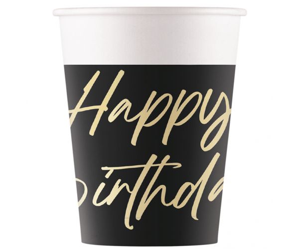 Set de 8 pahare de hârtie elegante cu inscripția „Happy Birthday”, 200ml
