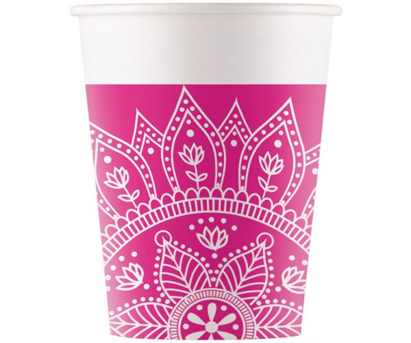 Set de 8 pahare de hârtie mandala fucsia-alb 200ml