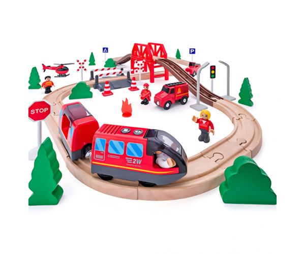 Set de cale ferată din lemn cu mașină de pompieri și tren cu baterii - Woodyland