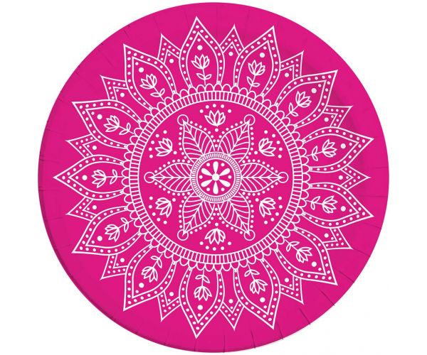 Set de farfurii de hârtie mandala fucsia-alb 8 bucăți, 23 cm