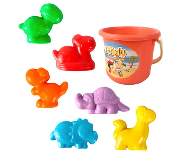 Set de nisip cu dinozauri veseli și găleată