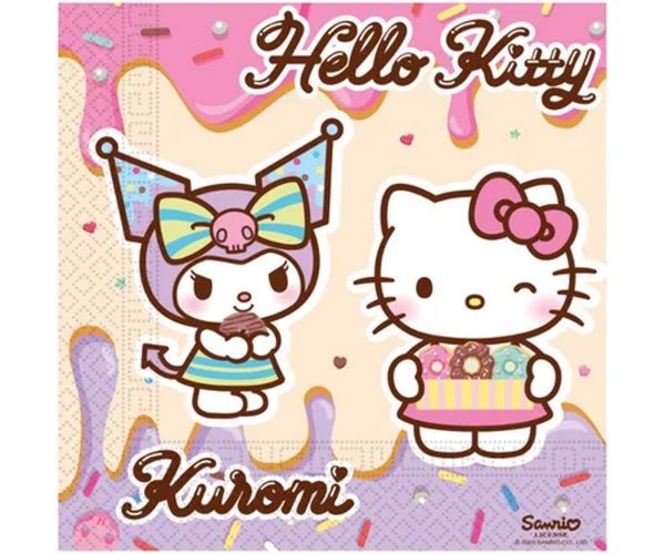Set de șervețele de hârtie Hello Kitty și Kuromi - cu 2 straturi, 33 x 33 cm, 20 buc.