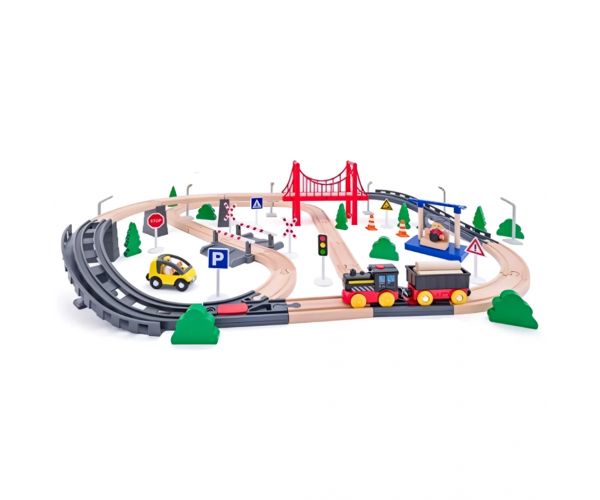 Set trenuleț din lemn cu pod feroviar și locomotivă cu baterii - Woodyland